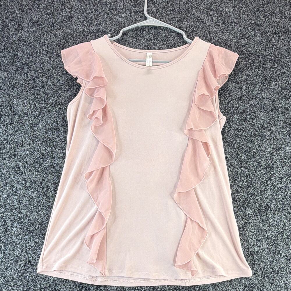 PerSeption Concept Women's Pink Solid Ruffle Front Knit Top Round Neck Stretch S